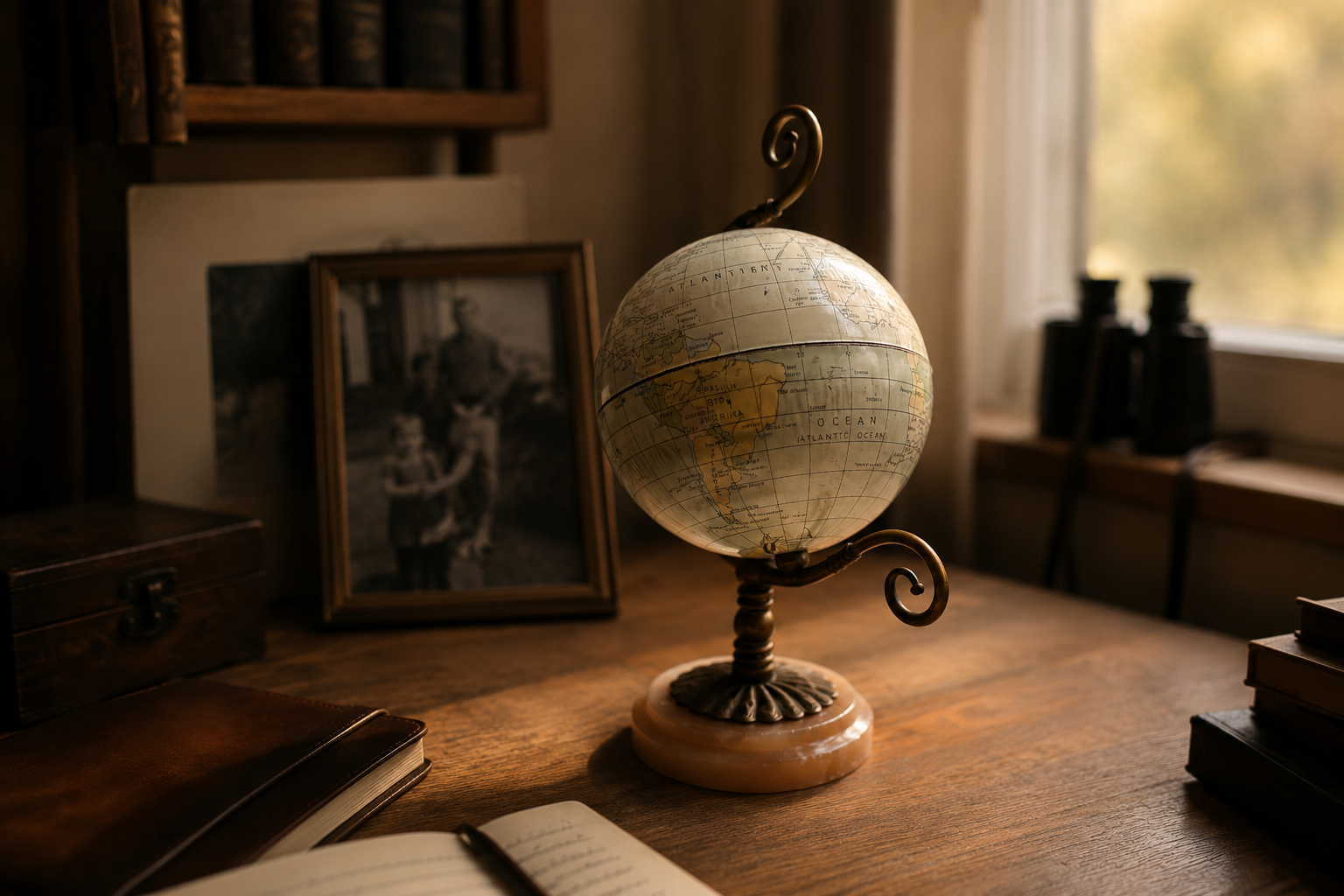 The globe beside a framed family photograph