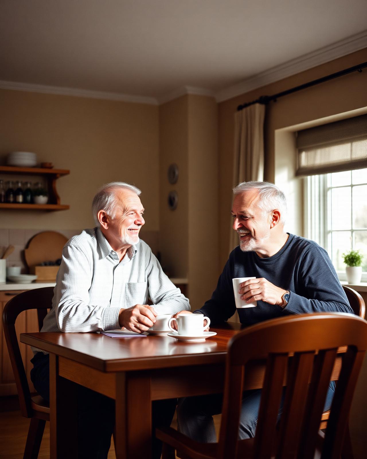 Peter and Bent sharing coffee at the kitchen table
