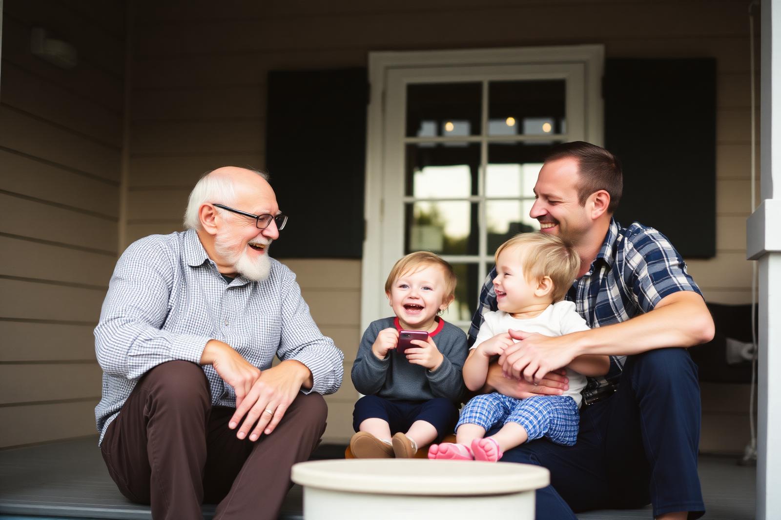 Three generations laughing together on a porch