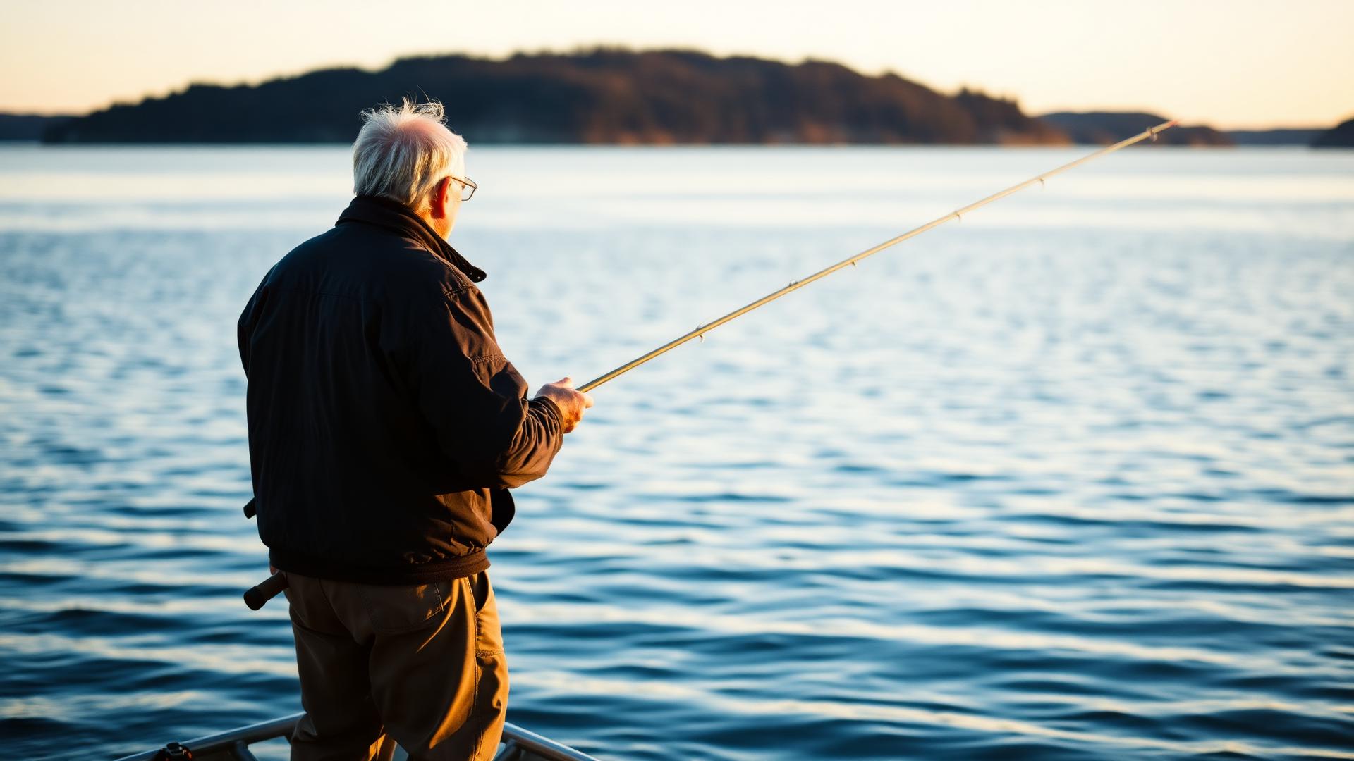 A father fishing on a calm lake at golden hour