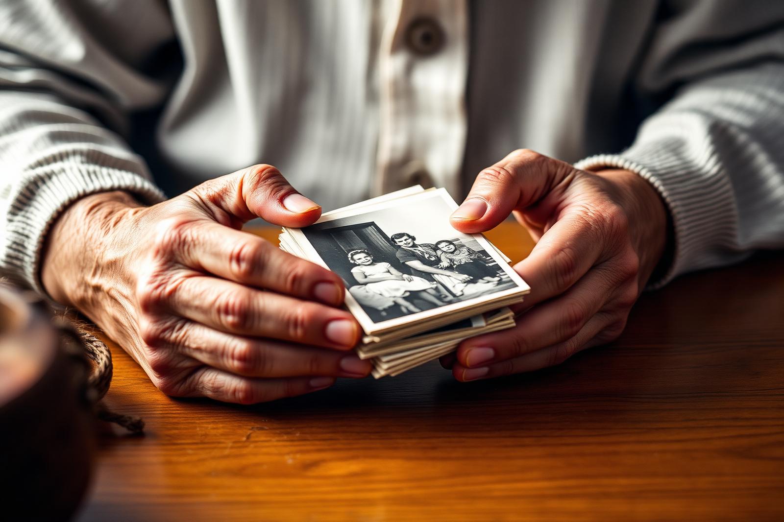 Weathered hands holding old family photographs