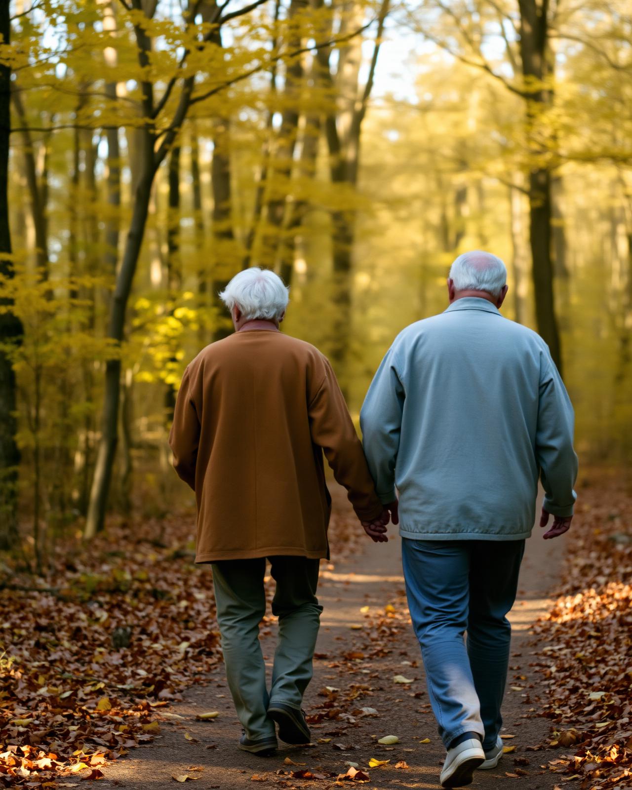 Two men walking together on a quiet autumn path