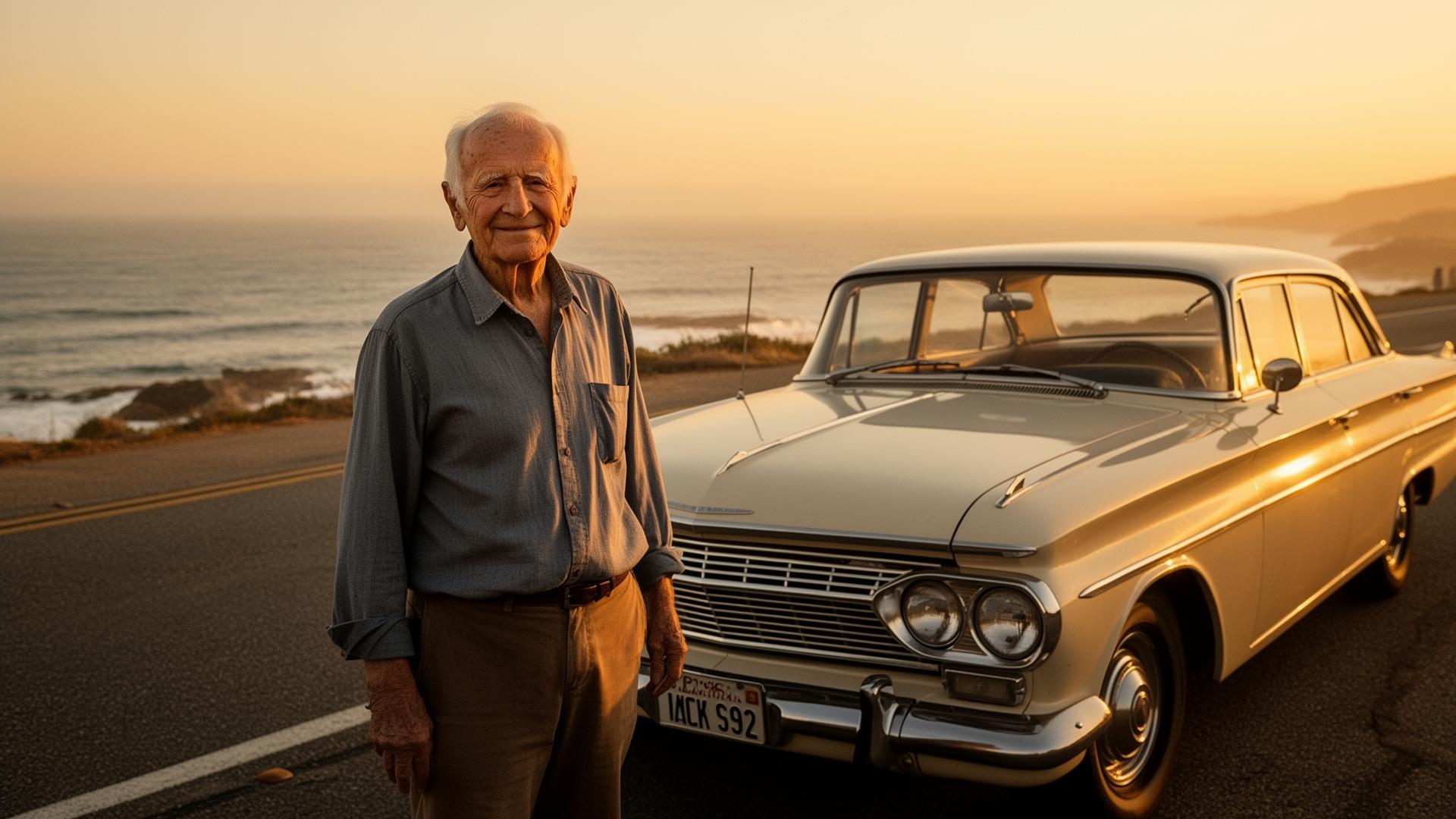 An elderly man beside a classic car at sunset — a moment behind the photograph