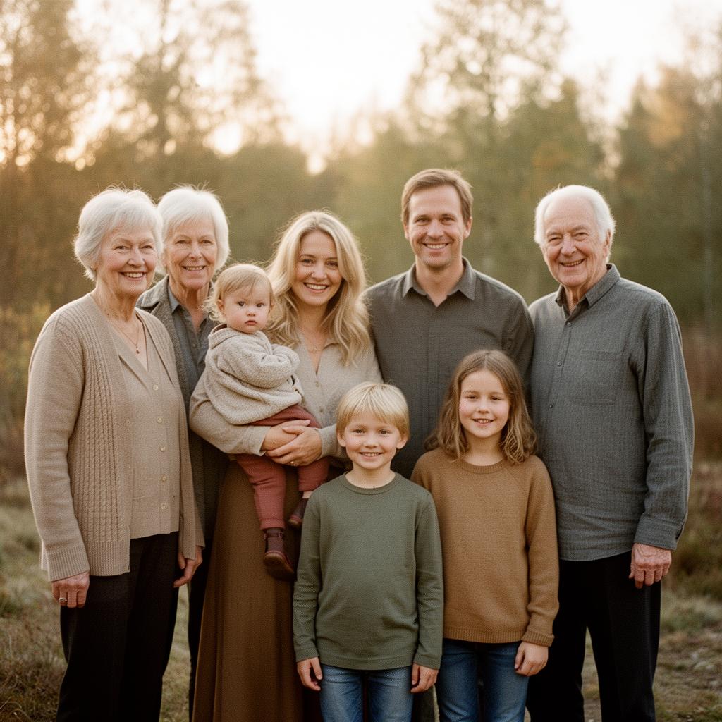 A multi-generational family - grandparents, their children and grandchildren - together in soft afternoon light.