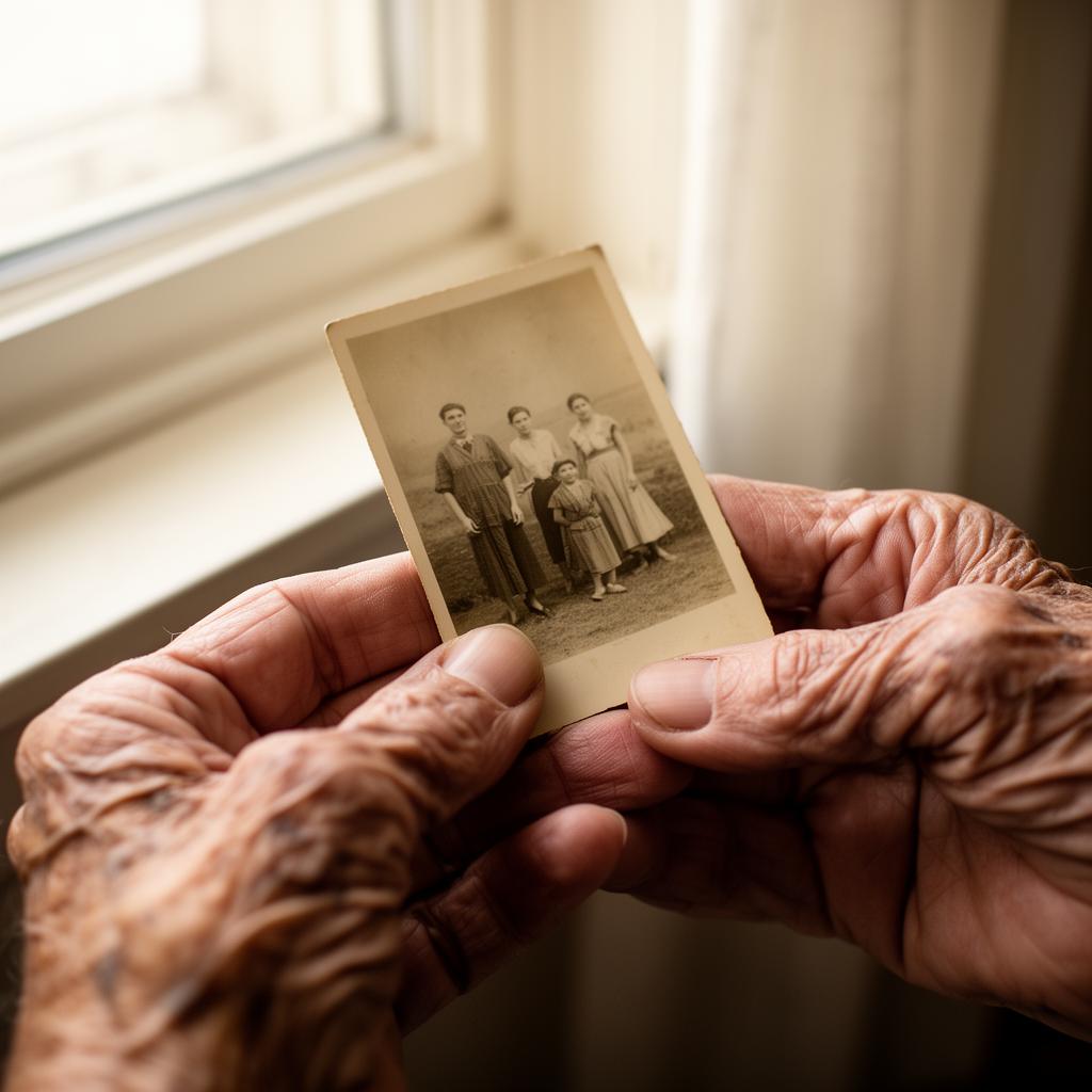 Elderly hands holding an old family photograph